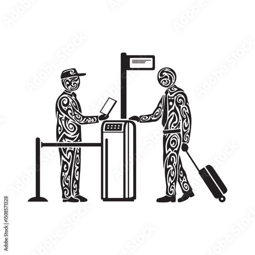 Stylized Airport Security Checkpoint Icon with Intricate Graffit