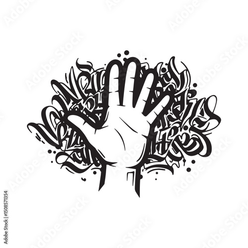 Bold Volunteerism Hand with Graffiti, Black and White Vector Des
