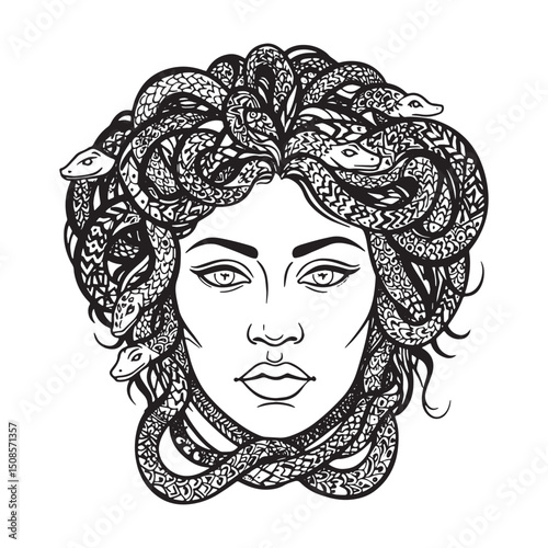Elegant monochrome artwork portraying Medusa's head with snakes