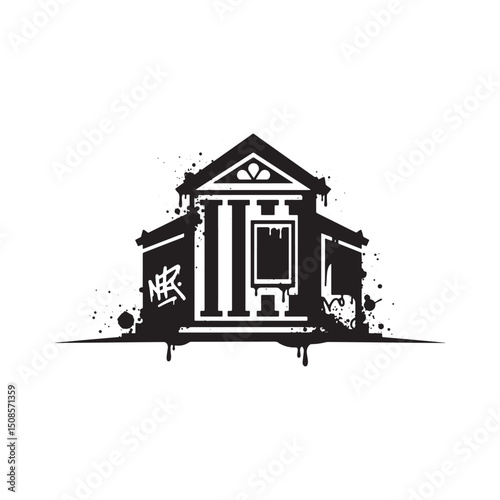 Striking Museum Icon with Dripping Paint Stencil Black and White