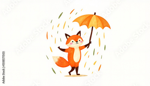 Cute fox holding an umbrella surrounded by falling leaves  