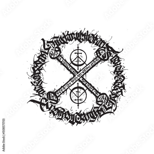 Alchemical Marriage Icon with Graffiti Tags in Black and White V