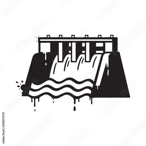 Monochrome Hydroelectric Dam Illustration with Drip Paint Effect