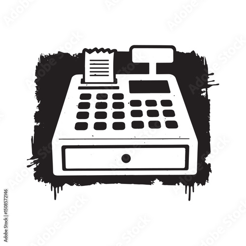 Cash Register Icon with Stencil Effect - Black and White Vector