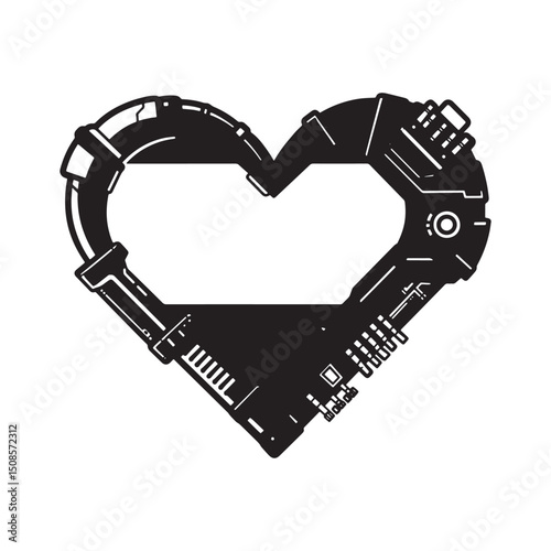Cyberpunk Pride Heart Icon, Black and White Vector for Apparel P