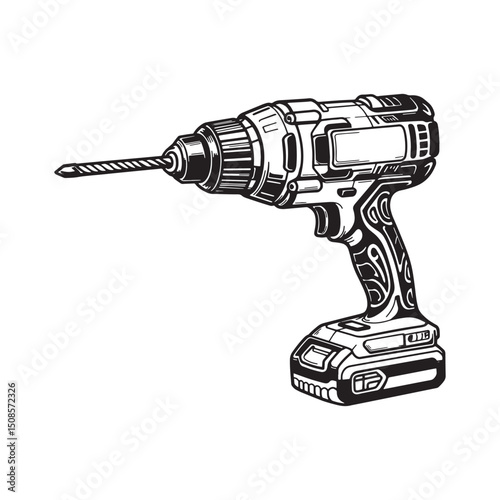 Detailed black and white vector illustration of cordless drill w