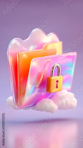 A colorful, digital folder with a padlock floats on clouds, symbolizing secure cloud data storage and privacy protection.