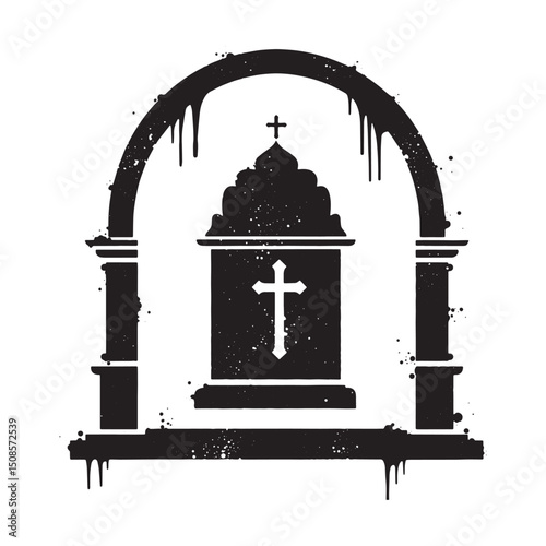 Monochrome altar icon with dripping paint, creating a unique des