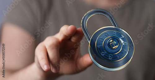 Close-up of a hand reaching for a digital combination lock, symbolizing online security and data protection.