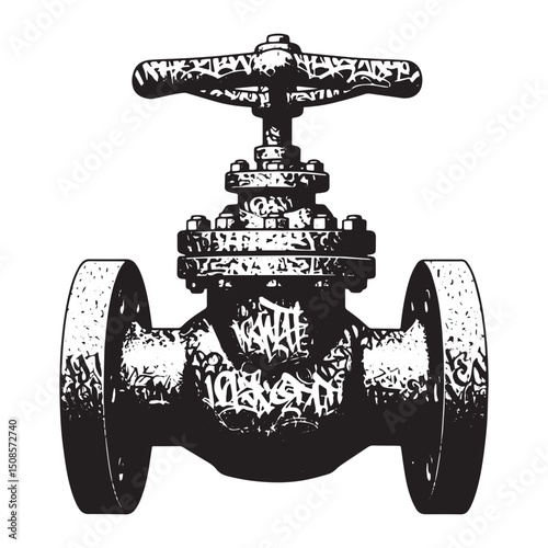 Monochromatic industrial valve illustration featuring urban graf
