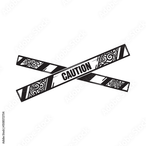 Caution Tape with Tribal Tattoo Design Vector Art for Merchandis