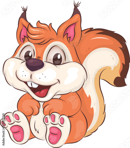 Cute Cartoon Squirrel. A cute cartoon squirrel sits and smiles sweetly. Positive and unique design. Children's illustration. 