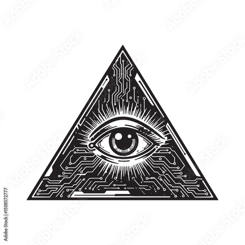 Futuristic Freemason's Eye with Cyberpunk Style and Circuitry De