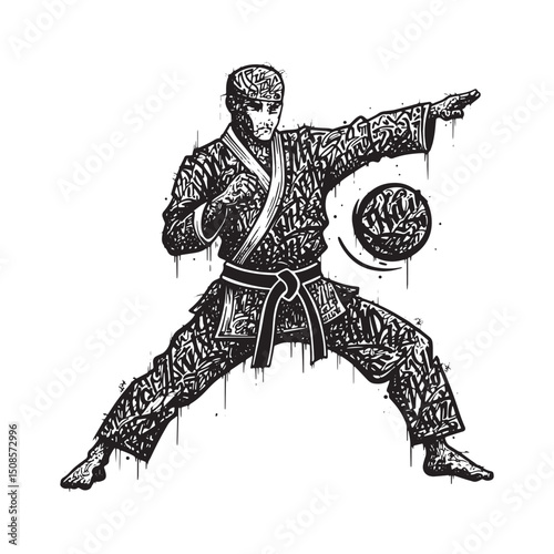 Stylized martial arts figure with graffiti art, black and white