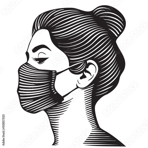 Woman face wearing anti air pollution mask illustration. Portrait vector.
