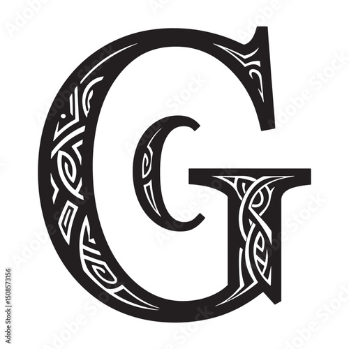 Sophisticated letter G vector icon adorned with tribal tattoo el