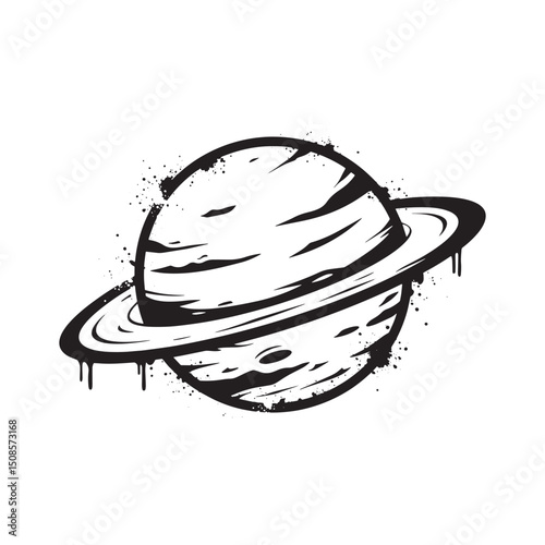 Stylized Jupiter Icon with Dripping Paint Effect in Black and Wh