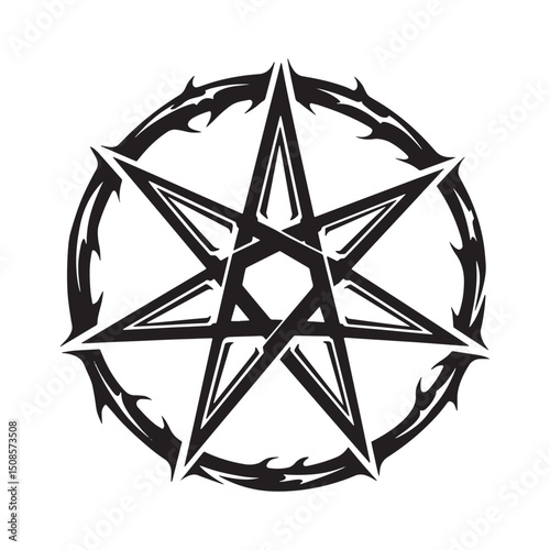 Stylized Satanic Pentagram Icon with Tribal Tattoo Elements for
