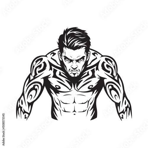 Black and White Vector Illustration of a Muscular Man with Triba