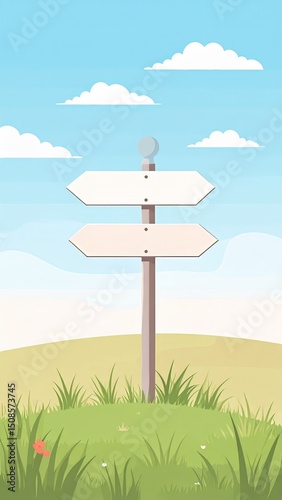 Direction signs in a serene landscape with clear skies and gentle grass textures during daytime