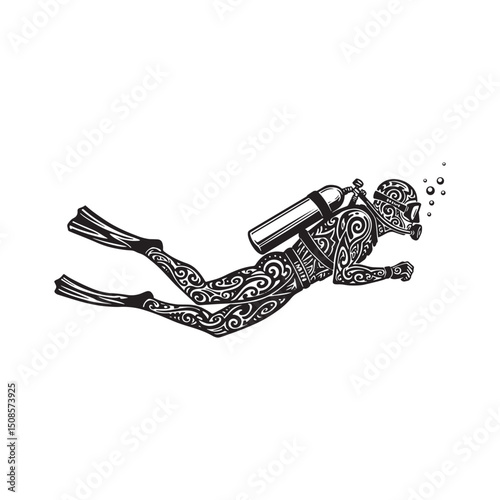 Monochrome scuba diving vector illustration for apparel and merc