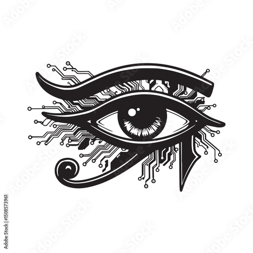 Cyberpunk Eye of Ra Icon, Black and White Vector Design for Merc