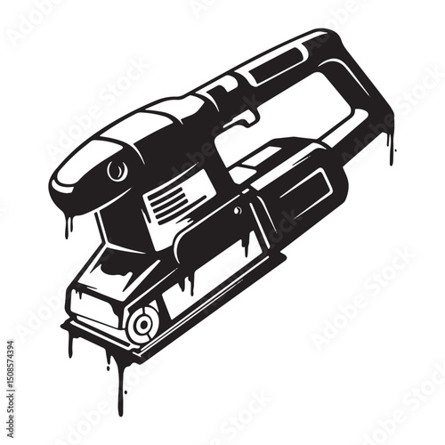 Black and white belt sander icon vector with dripping paint sten