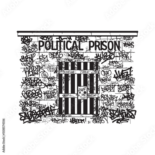 Political Prison Wall with Graffiti Tags, Black and White Vector