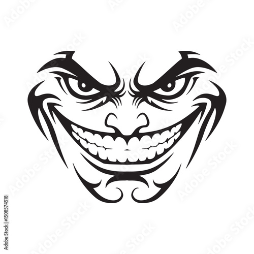 Intricate Tribal Smirk Face Black and White Vector Illustration