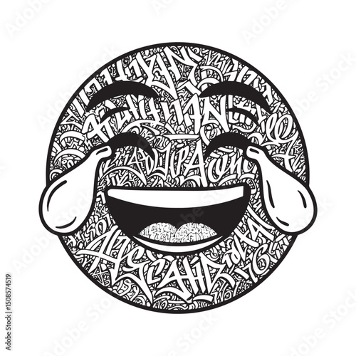 Tears of Joy Emoji Icon with Graffiti Accents Black and White Me