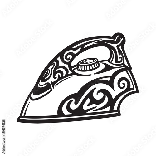 Detailed Iron Icon with Tribal Tattoo in Black and White Vector