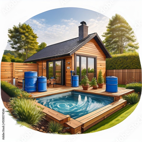 Modern garden retreat featuring a small pool and wooden deck with water tanks situated in a vibrant greenery setting