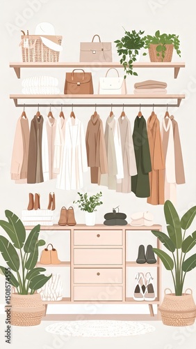 Stylish wardrobe organization with neutral tones and greenery in a modern home setting