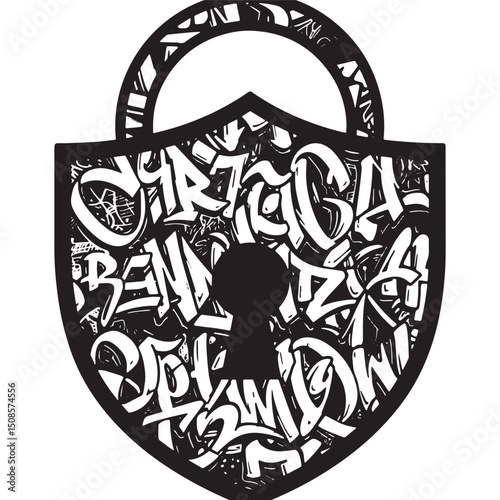 Monochrome padlock featuring intricate graffiti, symbolizing dig