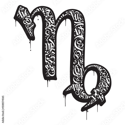 Monochrome Capricorn Zodiac Symbol with Graffiti Style for Appar