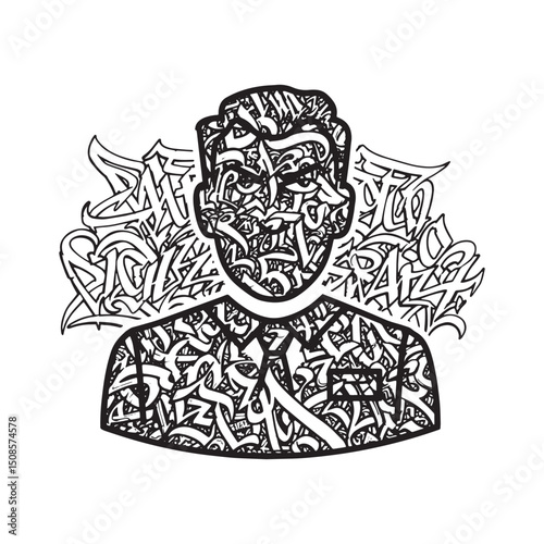 Monochrome vector artwork featuring a graffiti styled authoritar