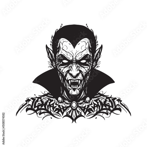 Intricate black and white vector of a menacing vampire icon with
