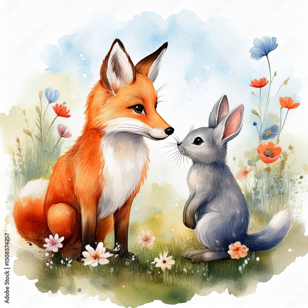 Fototapeta premium Fox and Bunny Cuddling Print – Perfect Cozy Decor for Kids’ Room or Nursery