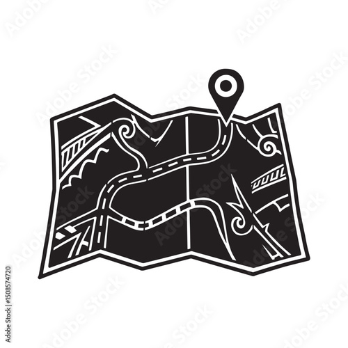 Monochrome Road Map Icon with Graffiti Elements for Merchandise