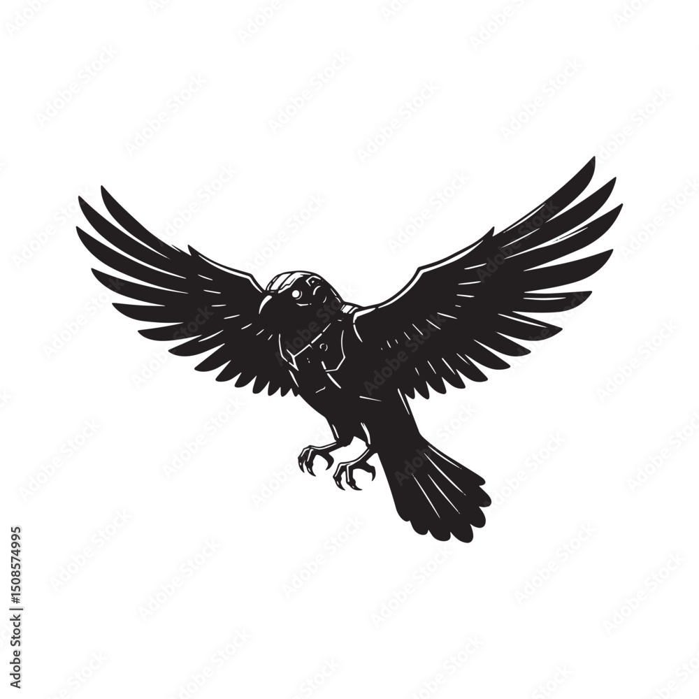 Fototapeta premium Cyberpunk Raven, Futuristic Bird Icon for Merchandise and Appare