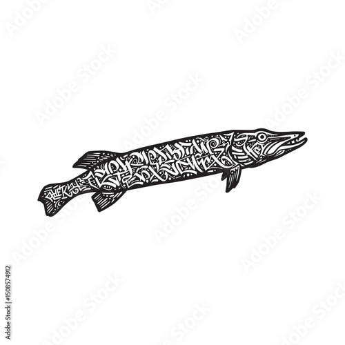 Stylized Pike Fish Vector Illustration with Graffiti Art Element
