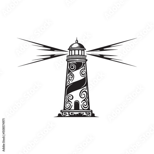 Monochrome lighthouse icon with tribal tattoo style for merchand