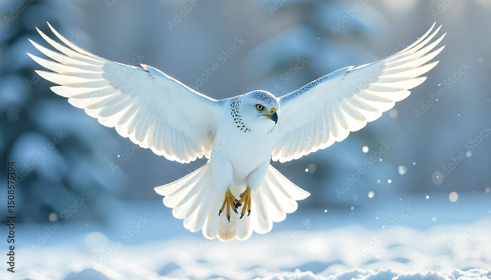 Obraz premium A majestic white gyrfalcon soaring through the air with its wings fully spread,