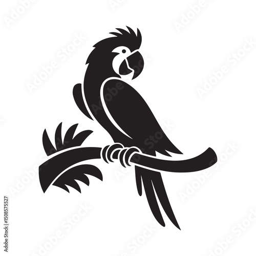 Stylish Black Parrot Vector Art Design Perched on a Branch - Exotic Bird Silhouette