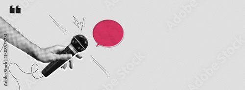 Trendy Halftone Collage Online Broadcasting concept. Hand with Microphone and Speech bubble message. Audio recording of interview. Talking in podcast. Contemporary vector illustration art