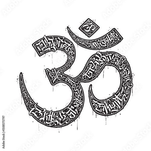 Stylized Om Symbol with Graffiti Elements, Black and White Vecto