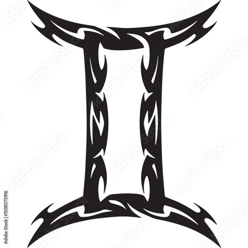 Striking Gemini Zodiac Sign with Tribal Tattoo Art for Merchandi