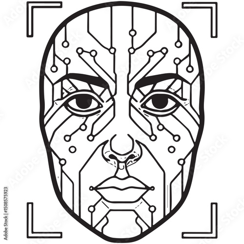 Cyberpunk Face Recognition Icon Black and White Vector Print 191