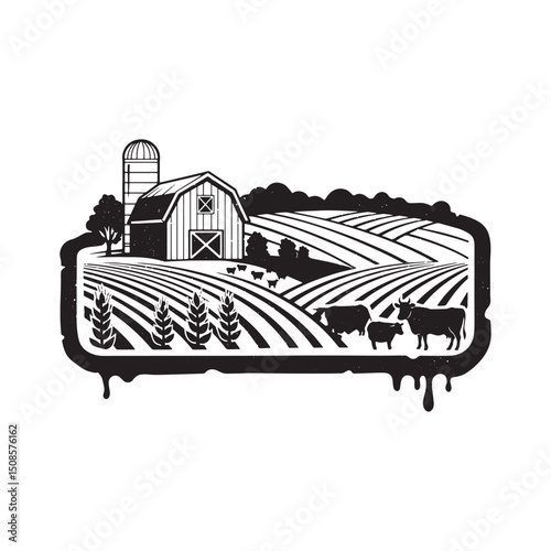 Vintage farm landscape with dripping paint effect for merchandis