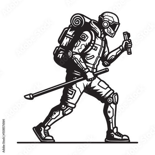 Cyberpunk Trekker, A Black and White Vector Illustration of a Fu